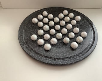 Extra Large….Solitaire…..12 inch Grey Speckled Corian Board with 21 mm Pearl Marbles……Old Fashioned Solitaire Puzzle Game….