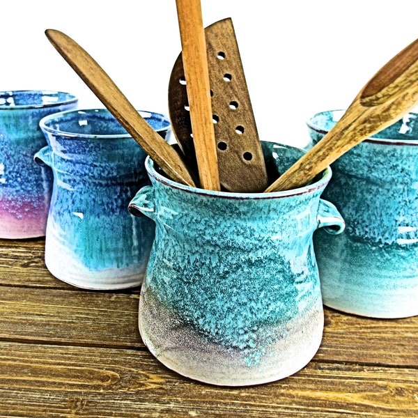 Ceramic Spoon Holder, Kitchen Utensil Jar, Pottery Crock Handmade Kitchen Décor