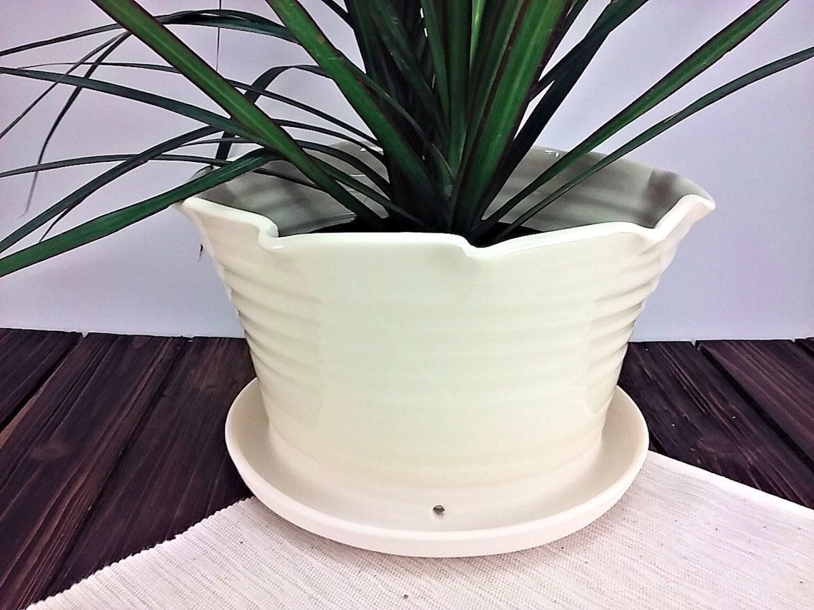 Ceramic Pottery Flower Pot with attached drainage tray Large Etsy