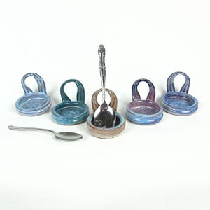 Glazed ceramic upright coffee spoon holder, vertical teaspoon rest, standing small spoon dish