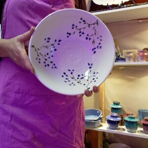 Ceramic bowl with hand painted blueberries, deep pottery serving bowl, 8.5 diameter x 3 high image 1