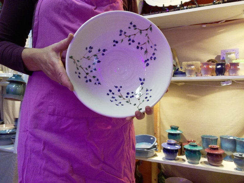 Ceramic bowl with hand painted blueberries, deep pottery serving bowl, 8.5 diameter x 3 high image 1