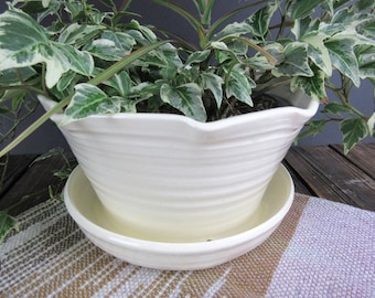 Ceramic Pottery Flower Pot with attached drainage tray, Large Indoor Hanging Terracotta Pottery Plant Pot, 7 inches wide by 4.5 inches tall