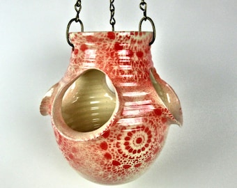 Maceta colgante de fresas, maceta de cerámica con forma de gallinas y pollitos, soporte para plantas de jardín esmaltado