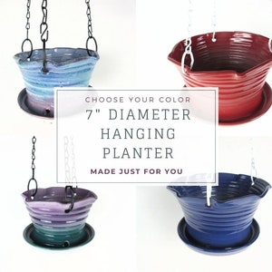 Custom Hanging Planter with drainage, Medium hanging house plant pots with attached saucer, 7" x 4.5"