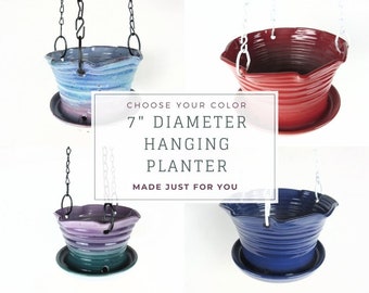 Custom Hanging Planter with drainage, Medium hanging house plant pots with attached saucer, 7" x 4.5"
