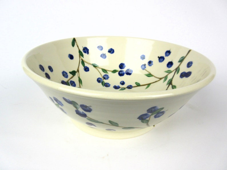 Ceramic bowl with hand painted blueberries, deep pottery serving bowl, 8.5 diameter x 3 high image 2