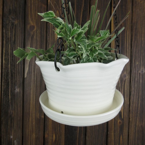 Ceramic Planter With Attached Drainage Tray Indoor Plant Pot Etsy