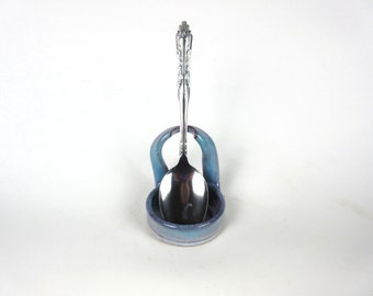 Glazed ceramic upright coffee spoon holder, vertical teaspoon rest, standing small spoon dish