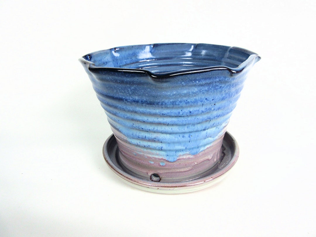 Blue and Purple Ceramic Planter Pot With Attached Drainage Tray, Large