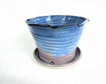 Blue and purple ceramic planter pot with attached drainage tray, large hanging house plant pottery flower pot 7 inches wide 4.5 inches tall