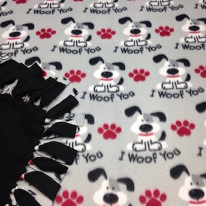 I Woof You Handmade Fleece Tie Blanket/Dog Lovers Fleece Blanket/No Sew Fleece Blanket/Large Fleece blanket/ Valentine&#39;s Day blanket