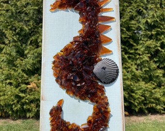 Seahorse Glass Art on Reclaimed Wood, Coastal Decor