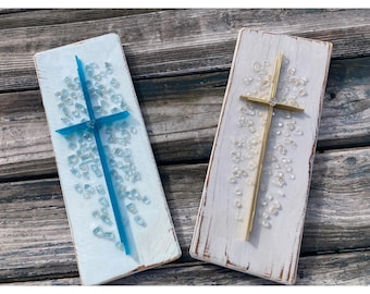Glass Cross Art/ Rustic decor/ Crushed Glass and Resin Cross Art/ Cross Wall Décor/ Resin Cross/ Christian Gift/ Easter Decor