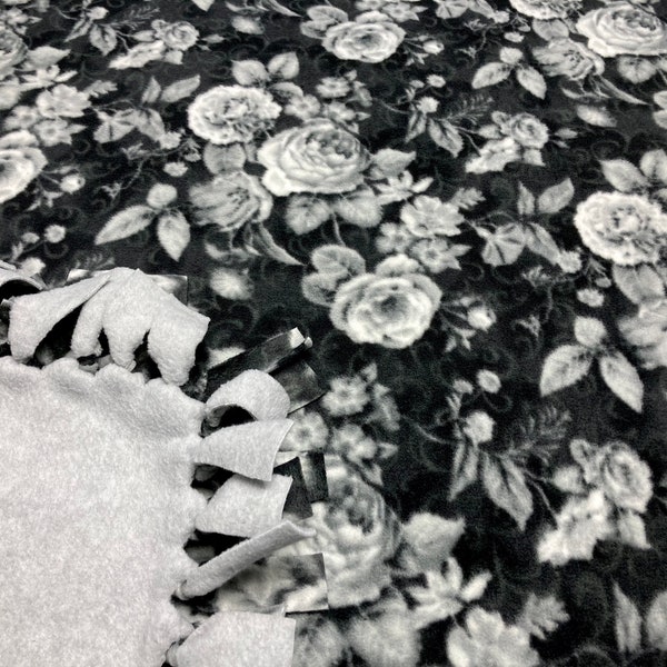 Vintage Floral Black & White Large Fleece Blanket-No Sew Fleece Blanket