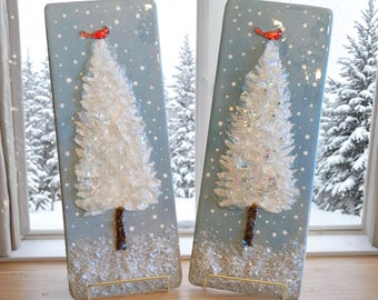 Winter Tree Glass Art/ Christmas Tree/ Christmas Art/ Rustic decor/ Crushed Glass Tree Art/ Winter Decor/ Christmas Decor/ Cardinal Art