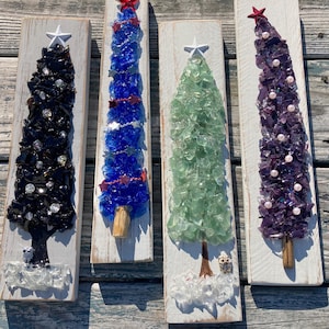 Christmas Tree Glass Art/ Christmas Art/ Rustic decor/ Crushed Glass Tree Art/ Crushed Glass and Resin Christmas Tree Art