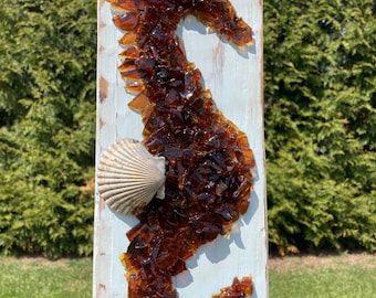 Glass Seahorse Wall Art on Reclaimed Wood, Coastal Decor