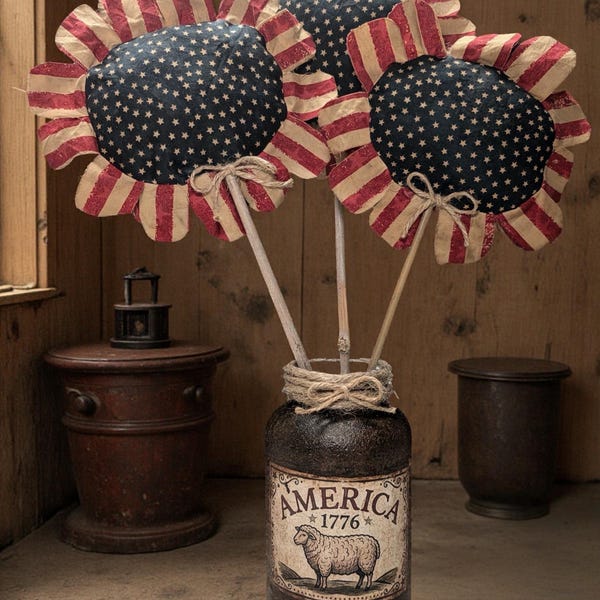 Primitive Patriotic Sunflowers Trio: Americana Fabric Flower Pokes