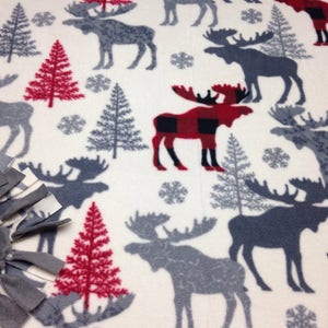 Winter Red Plaid and Gray Moose Large Fleece Blanket-No Sew Fleece Blanket