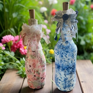 Shabby Chic Bottle/ Light Up Bottle/ Decoupaged Bottle Art/ Shabby Chic Decor/Shabby Chic Art