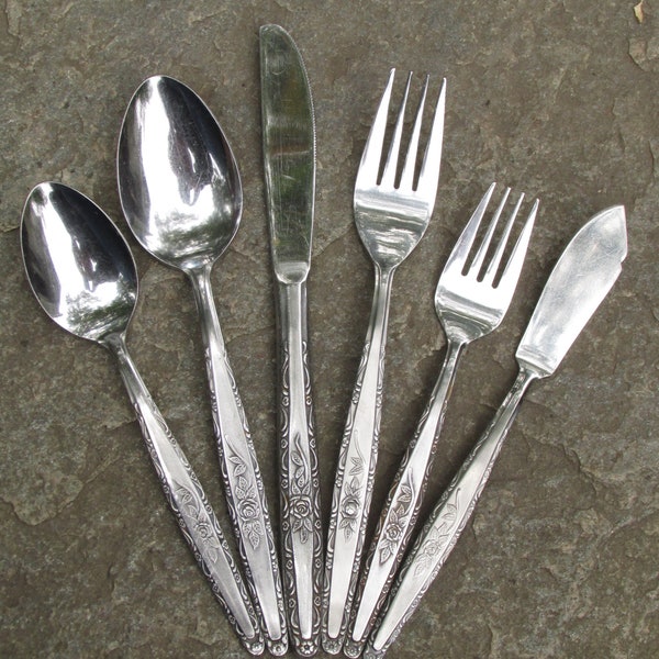 Single Rose Stainless Steel Flatware Vintage Interpur INR7 Japan MCM Elegant 1970's