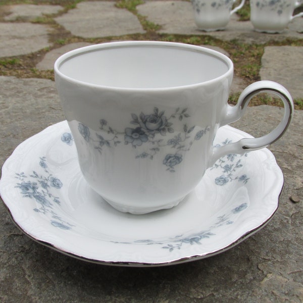 Johann Haviland Bavaria Germany Blue Garland Roses Flower Floral Silver Trim Flat Cup or Saucer Coffee Tea Mug Vintage China