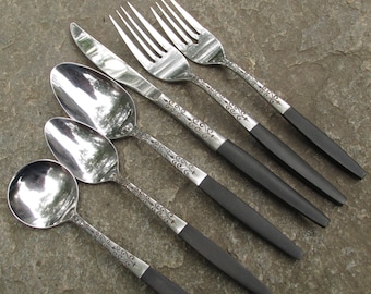 Vintage Interpur Stainless Steel Flatware: Danish Modern Black Wood Handle Spoons