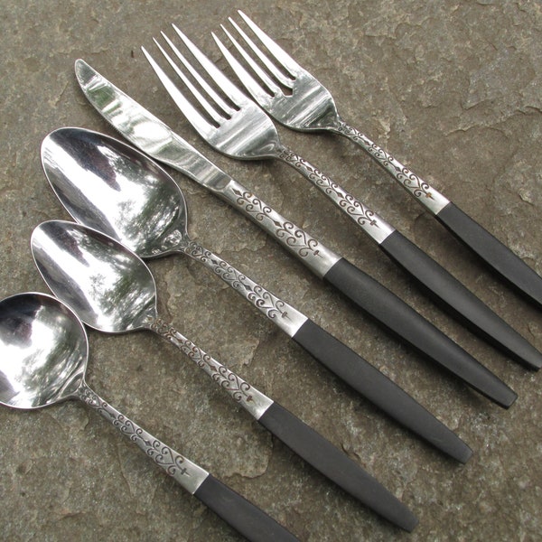 Danish Modern Faux Black Wood Handle Stainless Steel Flatware Vintage Interpur INR2BL Japan MCM Elegant 1970's