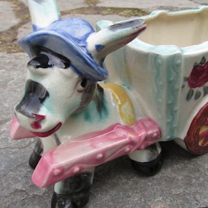 Vintage Donkey with Cart Ceramic Planter Kitschy Retro