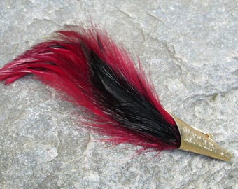 Vintage Gold Tone Red and Black Feathered Cone Costume Jewelry Brooch Pin