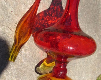 Vintage Wayne Husted Blenko Amberina Tangerine Crackle Glass Decanter With Flame Stopper