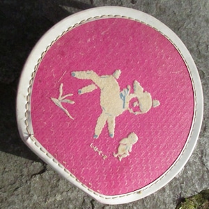 Vintage LUCE Childs Round Suitcase Doll Box Cardboard Pink Lamb Chick 1950's