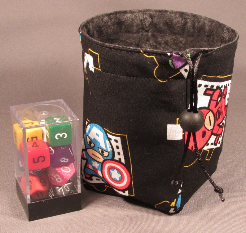 Black Kawaii Avengers Small Dice Bag Stand Up Reversible Flat Bottom Pouch RPG Role Playing Game Geek D/&D