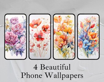 Watercolor Flowers Phone Wallpapers - Set of 4 Vibrant AI Art - Instant Download - Iphone or Android - Phone Background - PNG