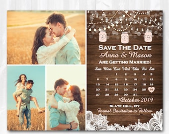 Mason Jar Save The Date Magnet or Card Lace Save The Date String Lights Save The Date Wood Save The Date with 3 Photos Rustic Save The Date