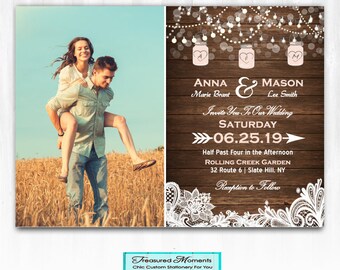 Lace Wedding Invitation with Mason Jars Wedding Invitation with String Lights Wedding Invitation Lace Country Wedding Invite Wood Lights