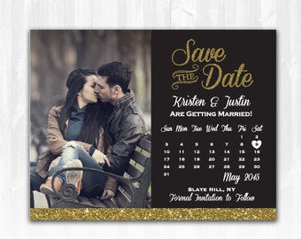 Gold Glitter Save The Date Magnet or Card DIY PRINTABLE Digital File or Print (extra) Glitter Calendar Save The Date Photo Save The Date