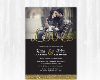 Gold Glitter Wedding Invitation with Photo DIY PRINTABLE Digital File or Print (extra) Sparkle Wedding Invitation Photo Wedding Invitation