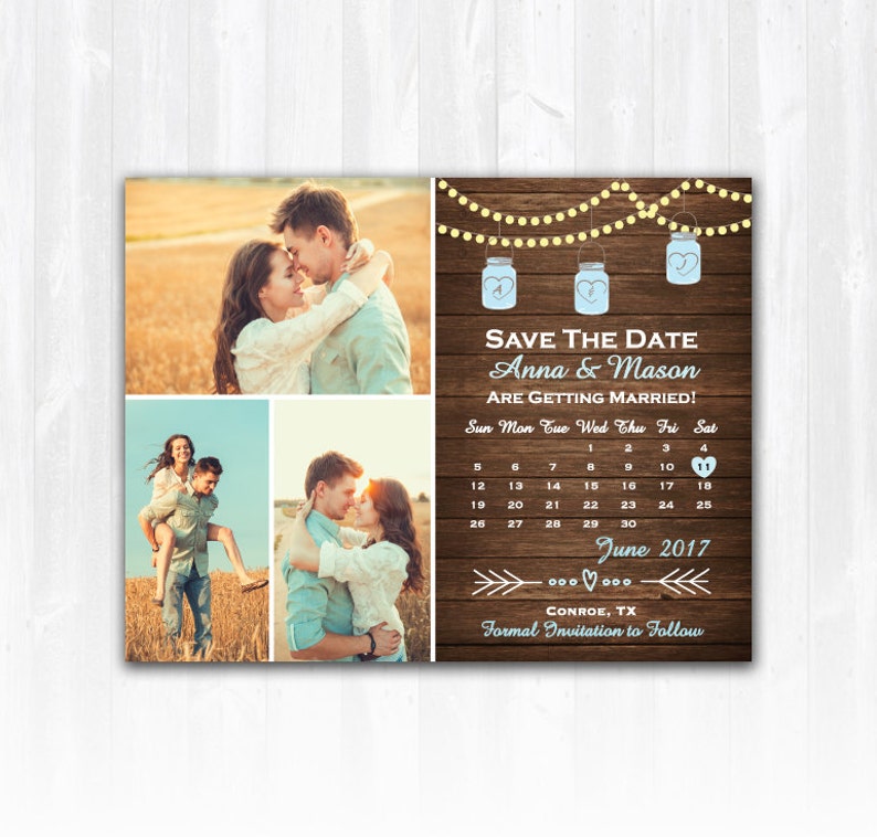 Mason Jar Save The Date Magnet or Card DIY PRINTABLE Digital File or Print extra String Lights Save The Date Wood Save The Date 3 Photos image 1