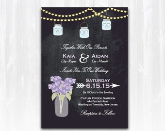 Hydrangea Wedding Invitation DIY PRINTABLE Digital File or Print (extra) Mason Jar Wedding Invitation String Lights Wedding Invitation