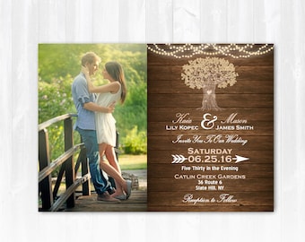 Tree Wedding Invitation DIY PRINTABLE Digital File or Print (extra) Rustic Wedding Invitation with Photo String Lights Wedding Invitation