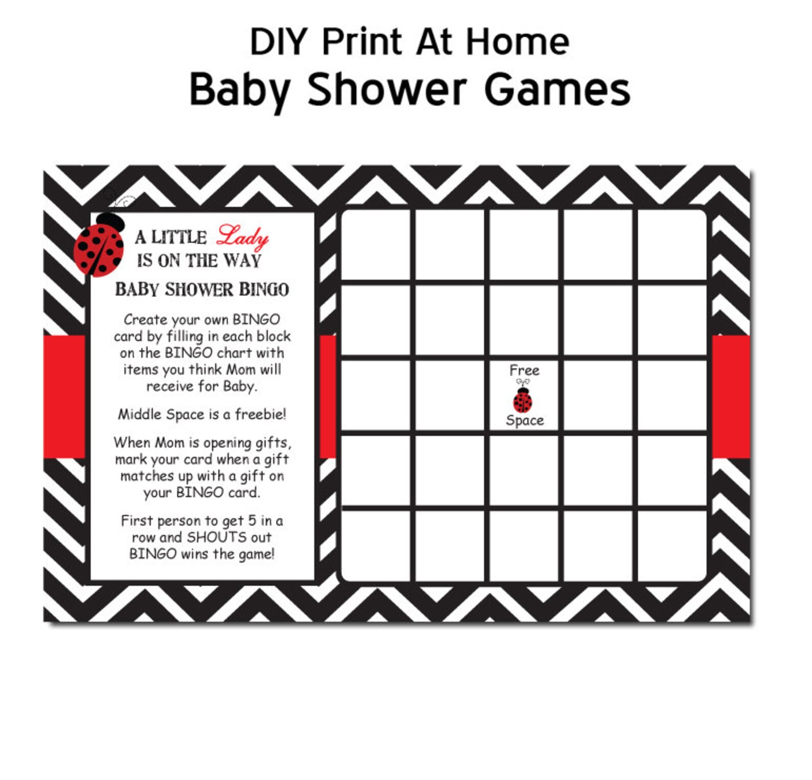 Chevron Ladybug Baby Shower Game Bingo in Red DIY PRINTABLE - Etsy