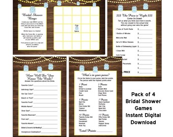 Wood Mason Jar Bridal Shower Games INSTANT DOWNLOAD What's in your Purse, How well do you know the Bride, Price is Right, Shower Bingo