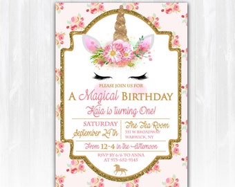 Unicorn Birthday Invitation  DIY PRINTABLE Digital File or Print (+) Invite Unicorn Invitation Glitter Unicorn Face Birthday Invitation