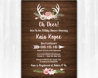 Oh Deer Baby Shower Invitation DIY PRINTABLE Digital File or Print (+) Deer Antler Baby Shower Invitation Flower and Antler Deer Invitation