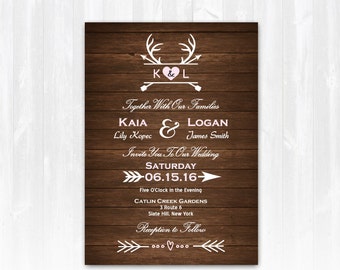 Deer Wedding Invitation DIY PRINTABLE Digital File or Print+ Deer Antler Wedding Invitation Deer Wedding Invitations Country Wedding