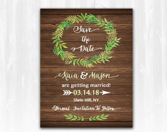 Wreath Save The Date Magnet or Card DIY PRINTABLE Digital File or Print (extra) Spring Save The Date Wood Save The Date Rustic Save The Date