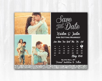 Silver Glitter Save The Date Magnet or Card DIY PRINTABLE Digital File or Print (extra) Glitter Calendar Save The Date 3 Photo Save The Date