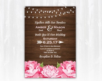 Peony Wedding Invitation DIY PRINTABLE Digital File or Print (extra) Flower Wedding Invitation Peonies Wedding Invitation String Lights